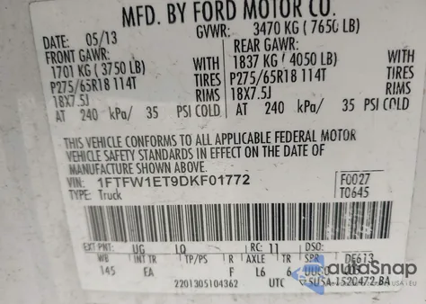 2013 Ford F-150 Lariat from USA, damaged, VIN 1FTFW1ET9DKF01772